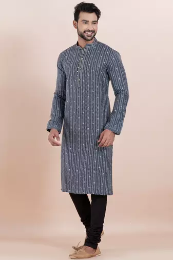 Grey color cotton silk jacquard premium designer festive wear kurta pyjama set