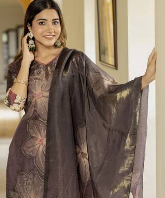 Coffee color beautiful printed readymade viscose silk suit with elegant hand for party looks 3