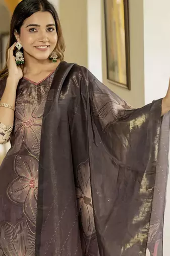 Coffee color beautiful printed readymade viscose silk suit with elegant hand for party looks
