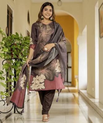 Coffee color beautiful printed readymade viscose silk suit with elegant hand for party looks 4