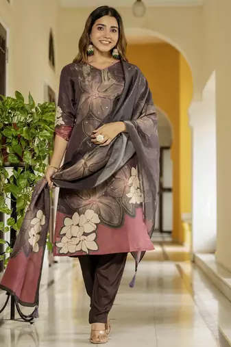 Coffee color beautiful printed readymade viscose silk suit with elegant hand for party looks