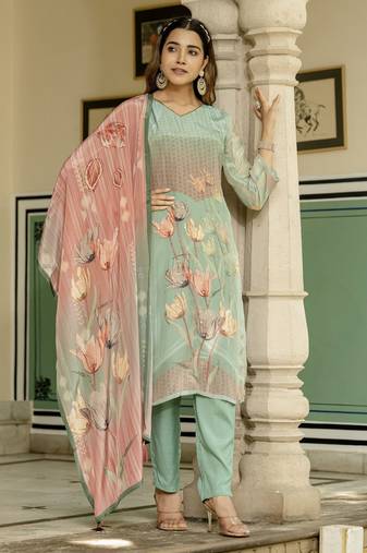 Sea green color beautiful printed readymade viscose silk suit with elegant handwork for party looks