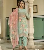 Sea green color beautiful printed readymade viscose silk suit with elegant handwork for party looks