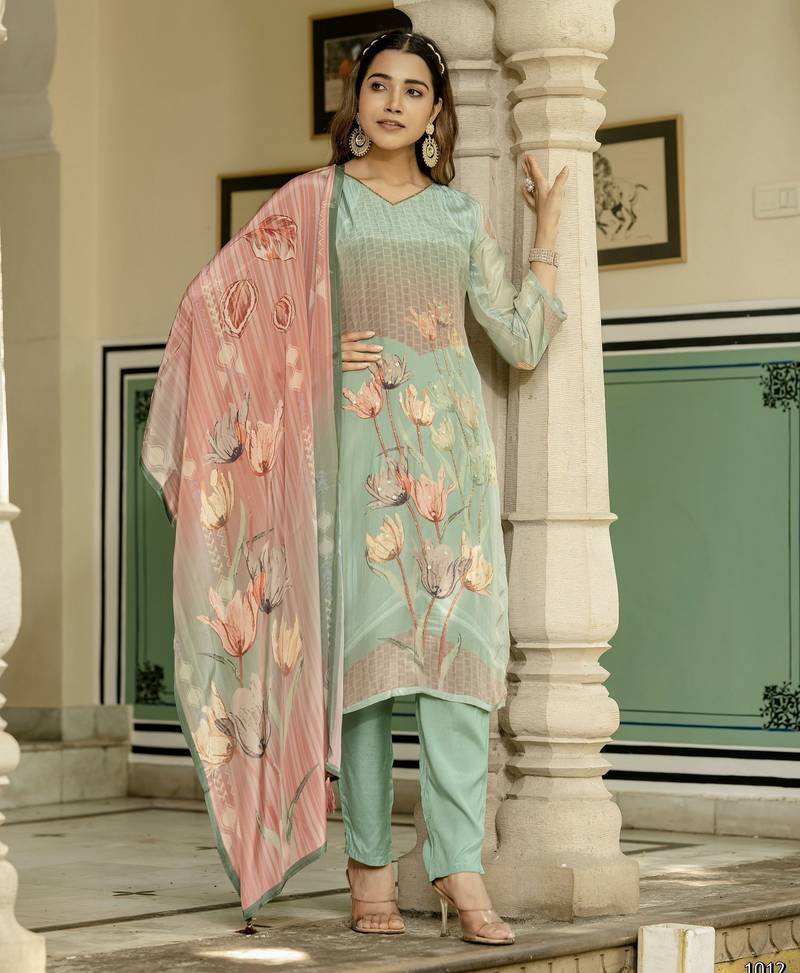 Sea green color beautiful printed readymade viscose silk suit with elegant handwork for party looks