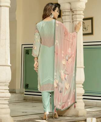 Sea green color beautiful printed readymade viscose silk suit with elegant hand for party looks 2