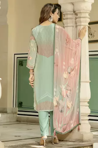 Sea green color beautiful printed readymade viscose silk suit with elegant hand for party looks
