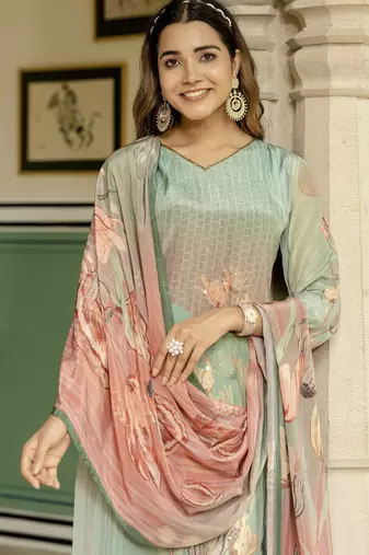 Sea green color beautiful printed readymade viscose silk suit with elegant hand for party looks