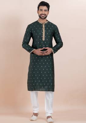 Deep green cotton silk jacquard premium designer festive wear kurta pyjama set 1