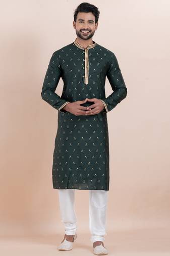 Deep green cotton silk jacquard premium designer festive wear kurta pyjama set