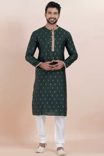 Deep green cotton silk jacquard premium designer festive wear kurta pyjama set