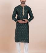 Deep green cotton silk jacquard premium designer festive wear kurta pyjama set