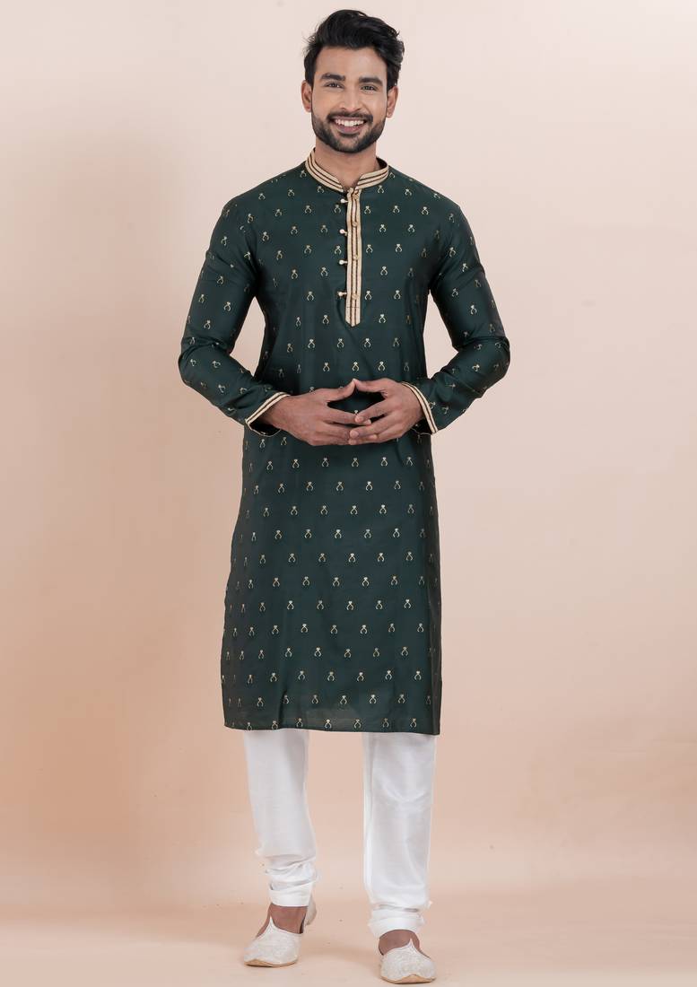 Deep green cotton silk jacquard premium designer festive wear kurta pyjama set