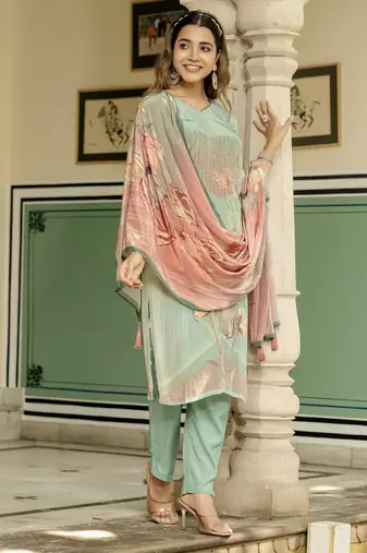 Sea green color beautiful printed readymade viscose silk suit with elegant hand for party looks