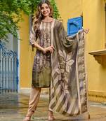 Green color beautiful printed readymade viscose silk suit with elegant handwork for party looks