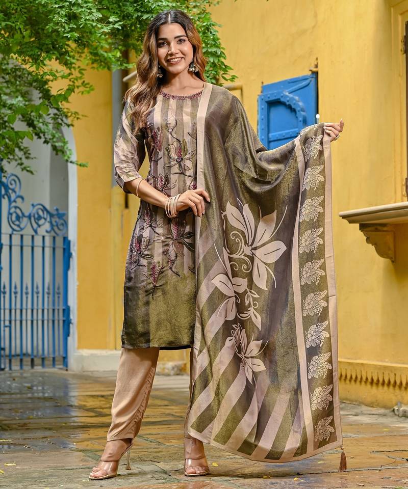 Green color beautiful printed readymade viscose silk suit with elegant handwork for party looks