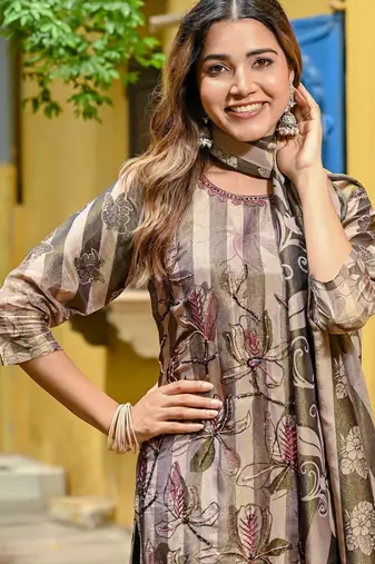 Green color beautiful printed readymade viscose silk suit with elegant hand for party looks