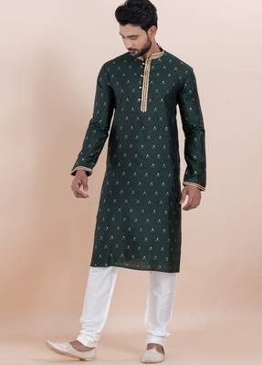 Deep green cotton silk jacquard premium designer festive wear kurta pyjama set 3