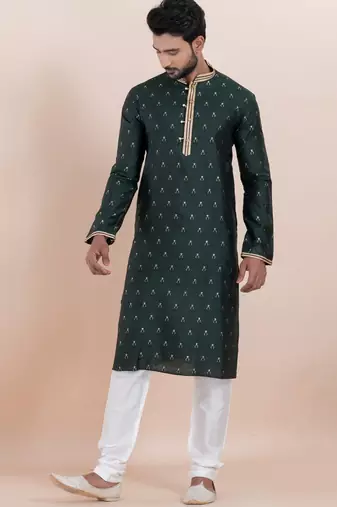Deep green cotton silk jacquard premium designer festive wear kurta pyjama set
