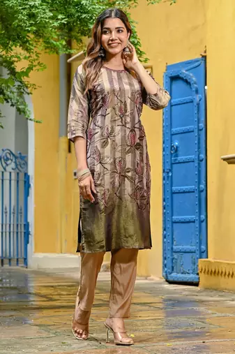 Green color beautiful printed readymade viscose silk suit with elegant hand for party looks