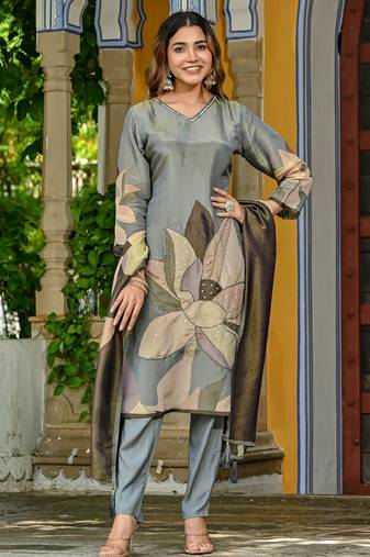 Grey color beautiful printed readymade viscose silk suit with elegant handwork for party looks