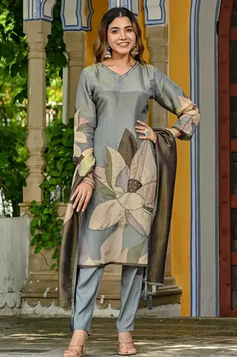 Grey color beautiful printed readymade viscose silk suit with elegant handwork for party looks