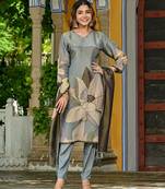 Grey color beautiful printed readymade viscose silk suit with elegant handwork for party looks