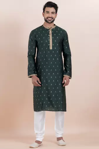 Deep green cotton silk jacquard premium designer festive wear kurta pyjama set