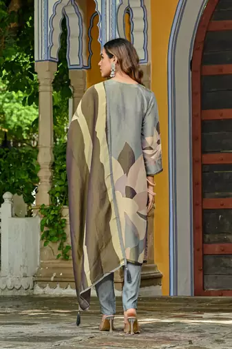 Grey color beautiful printed readymade viscose silk suit with elegant hand for party looks