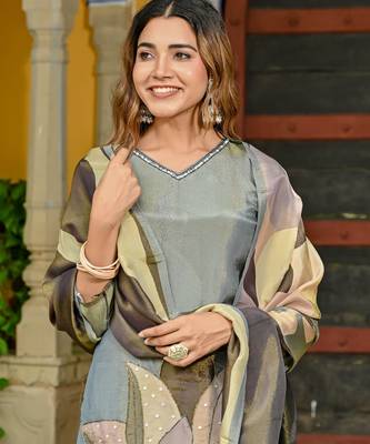 Grey color beautiful printed readymade viscose silk suit with elegant hand for party looks 3