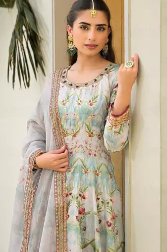 Sea green color elegant sophisticated rich party looks readymade dress