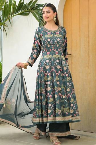 Green color elegant sophisticated rich party looks readymade dress