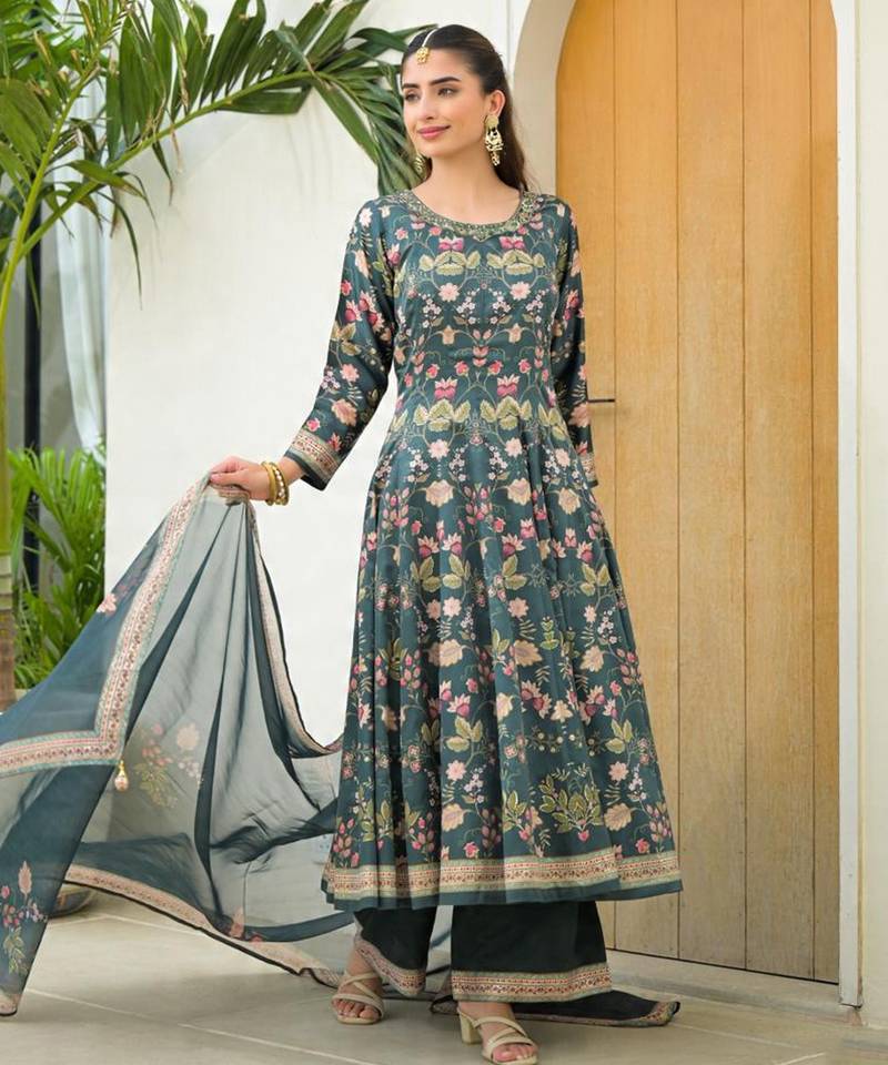 Green color elegant sophisticated rich party looks readymade dress