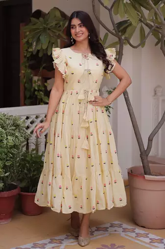 Cream color  embroidery work fancy partywear long kurti for girlie festive looks