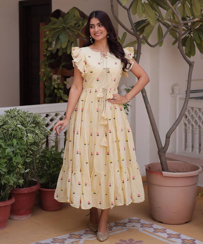 Cream color  embroidery work fancy partywear long kurti for girlie festive looks