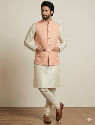 Beige  banarasi dupion premium designer festive wear kurta pyjama with jacket set 3