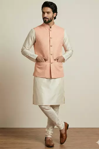 Beige  banarasi dupion premium designer festive wear kurta pyjama with jacket set