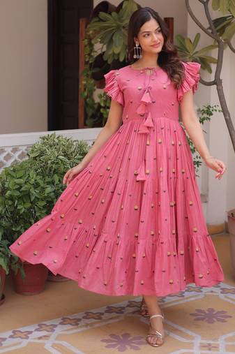Pink color  embroidery work fancy partywear long kurti for girlie festive looks
