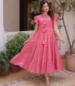 Pink color  embroidery work fancy partywear long kurti for girlie festive looks
