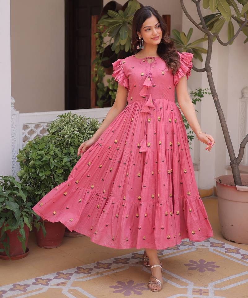 Pink color  embroidery work fancy partywear long kurti for girlie festive looks