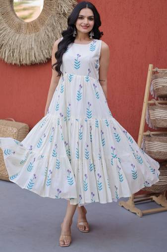 Sky blue color designer printed fancy partywear long kurti for girlie festive looks
