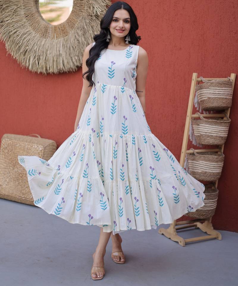 Sky blue color designer printed fancy partywear long kurti for girlie festive looks