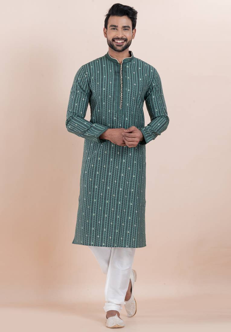 Green color jacquard silk premium designer festive wear kurta pyjama set