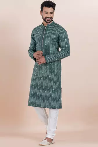 Green color jacquard silk premium designer festive wear kurta pyjama set
