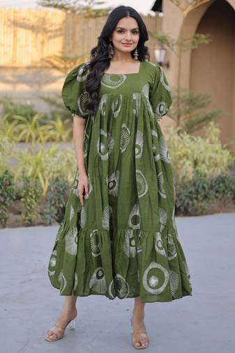 Green color designer printed fancy partywear long kurti for girlie festive looks