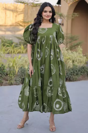 Green color designer printed fancy partywear long kurti for girlie festive looks