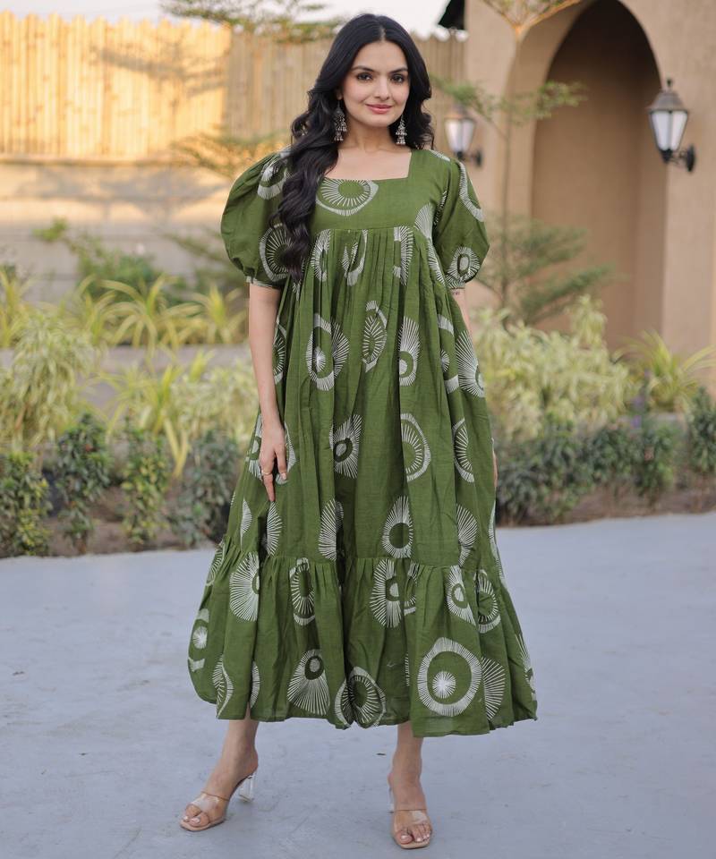 Green color designer printed fancy partywear long kurti for girlie festive looks