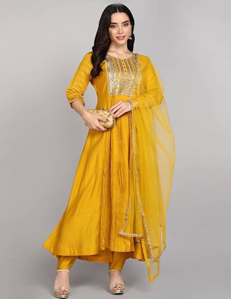 Mustard anarkali with embroidered yoke