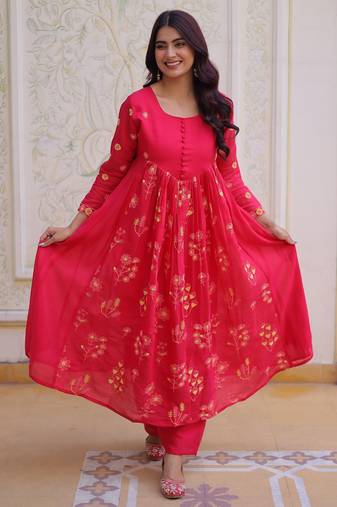 Pink color mal chanderi fabric designer embroidered partywear suit for girls