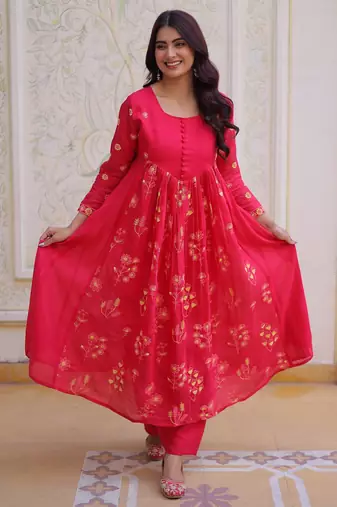 Pink color mal chanderi fabric designer embroidered partywear suit for girls