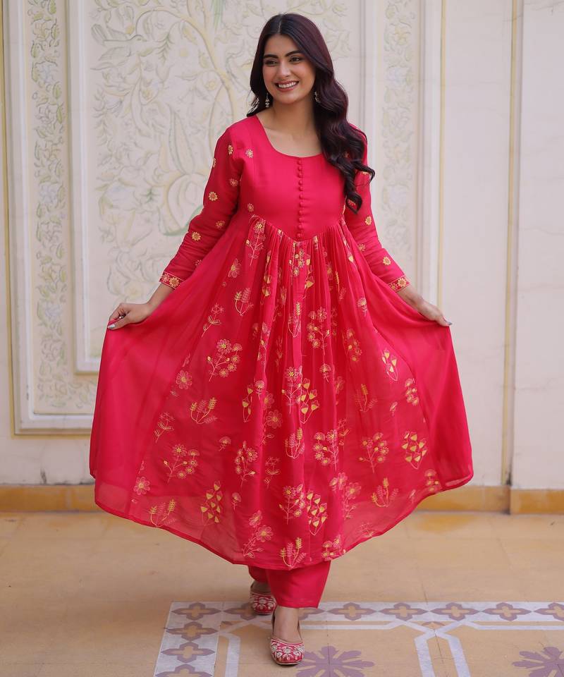 Pink color mal chanderi fabric designer embroidered partywear suit for girls